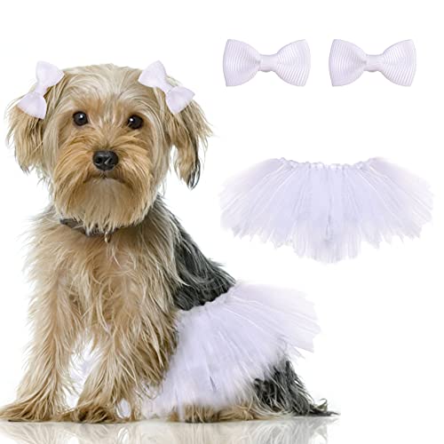 HACRAHO Hunde-Tutu-Rock, 1 Packung Hunde-Hochzeits-Tutu-Kleid mit 1 Stück Hundehaarschleife Haustier Tüll Tutus für kleine mittelgroße Hunde Mädchen, weiß von HACRAHO