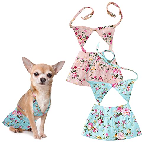 HACRAHO Hundebikini, 2 Stück Geblümter Strand-Badeanzug Für Hunde Verstellbares Haustier-Badekleid Mit Blumenmuster Für Kleine Hunde Katzen, Blau Und Rosa von HACRAHO