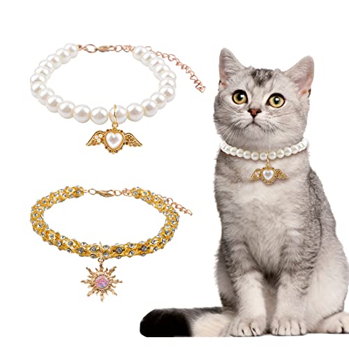 HACRAHO Hunde Perlenkette Halsband, 2 Stück Perle Kristall Hund Halskette mit Herz Anhänger Verstellbar Kristall Katzenhalsband mit Sonnenanhänger für Kleine Katzen und Hunde von HACRAHO