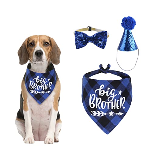 HACRAHO Hund Bandana Hut Fliege Set, 3 Stück Big Brother Schwangerschaftsankündigung Hundebandana Mit Bling Bowtie Katzenhalsband Und Geburtstagskegelhut Für Kleine Mittelgroße Hunde, Blau von HACRAHO