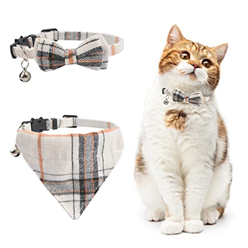 HACRAHO Hundehalstuch und Halsband-Set, 2-teilig, klassisch, kariert, Fliege, Katzenhalsband, Bandana, verstellbares Katzenhalsband mit Schal und Fliege und Glocken, Weiß von HACRAHO