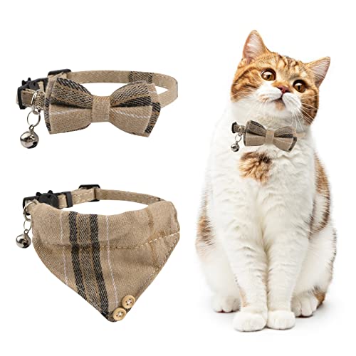 HACRAHO Hundehalstuch und Halsband Set, 2 Stück Klassisches Plaid Hundehalsband Breakaway und Bandana Set Verstellbares Hundehalsband und Bandana mit Glöckchen für Katze Welpen Kleine Hunde, Braun von HACRAHO