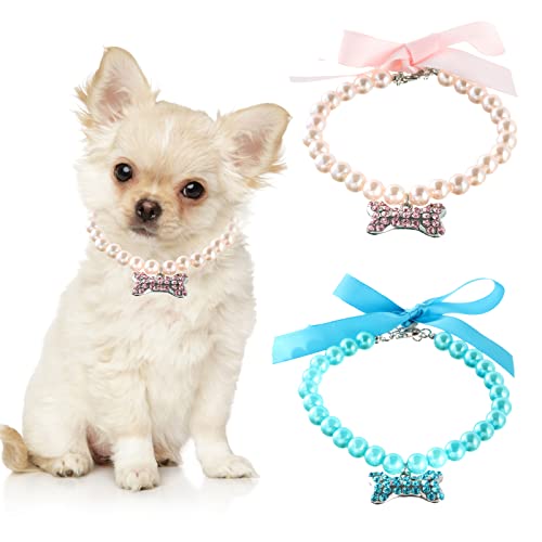 HACRAHO Hund Perle Halsband, 2 Stück Katze Hochzeit Halsband mit Strass Knochen Anhänger Haustier Hochzeit Halsband für Haustiere Katzen Mädchen Kleidung Kostüm Outfits Zubehör, See blau und Hellrosa von HACRAHO