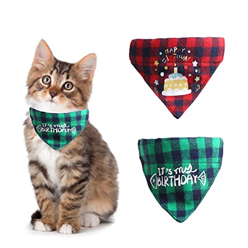 HACRAHO Katzen-Geburtstagstuch, 2 Stück, Katzen-Geburtstags-Halsband mit abnehmbarem Bandana, verstellbar, kariert, für Kätzchen, Katzen, Rot und Grün von HACRAHO