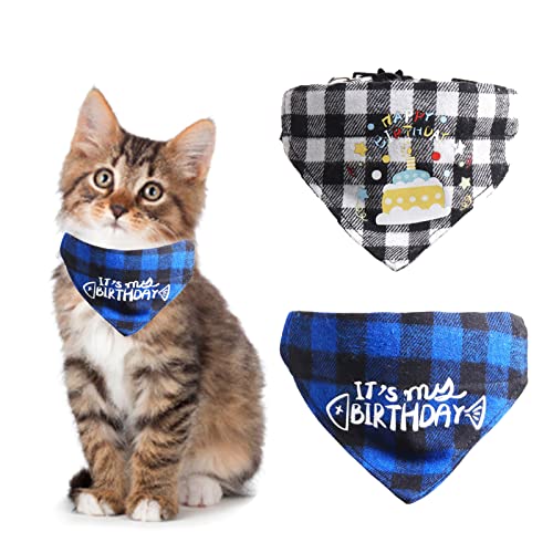 HACRAHO Katzen-Geburtstagstuch, 2 Stück, verstellbar, kariert, Katzenhalsband, Bandana, Katze, Geburtstag, Halsband mit abnehmbarem Bandana für Kätzchen, Blau und Schwarz von HACRAHO