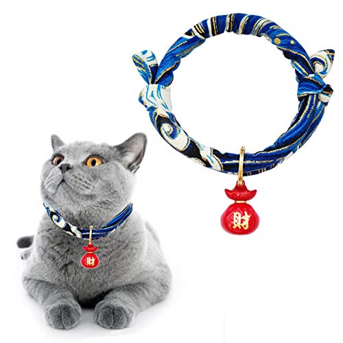 HACRAHO Katzenhalsband mit Glocke, 1 Packung Blau Japanischer Stil Verstellbares Katzenhalsband mit Glückskatzenhalsband mit Wellen Druck für Katzen Hunde Welpen, L von HACRAHO