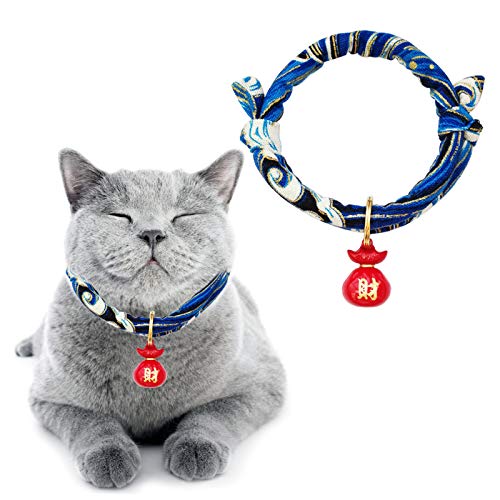 HACRAHO Katzenhalsband mit Glöckchen, 1 Packung Blau Japanischer Stil Wellen Druck Haustier Halsband Verstellbar Katzenhalsband mit Glücksglocke für kleine Katzen Welpen Haustiere, M von HACRAHO