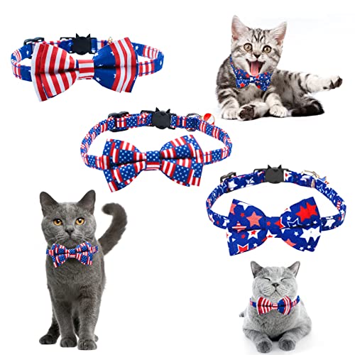 HACRAHO Katzenhalsband mit amerikanischer Flagge, mit Schleife und Glocke, 3 Stück Unabhängigkeitstag Katzenhalsband mit amerikanischer Flagge, Kätzchen, Welpen von HACRAHO