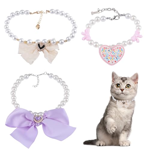 HACRAHO Katzenperlen-Halsband, 3 Stück, verstellbar, Katzenperlenhalsband mit Herzanhänger, Hundeperlen-Halskette, Hochzeitshalsband mit glitzerndem Anhänger für Welpen, Haustiere von HACRAHO