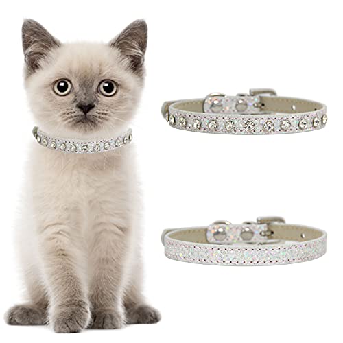 HACRAHO Leder-Strass-Katzenhalsband, 2 Stück, glitzernd, Strass-Halsband, Sicherheit, verstellbar, glitzernd, klassisches Haustierhalsband für kleine Hunde und Katzen, Silber HACRAHO Leder-Strass-Katzenhalsband, 2 Stück, glitzernd, Strass-Halsband, Sicherheit, verstellbar, glitzernd, klassisches Haustierhalsband für kleine Hunde und Katzen, Silber von HACRAHO