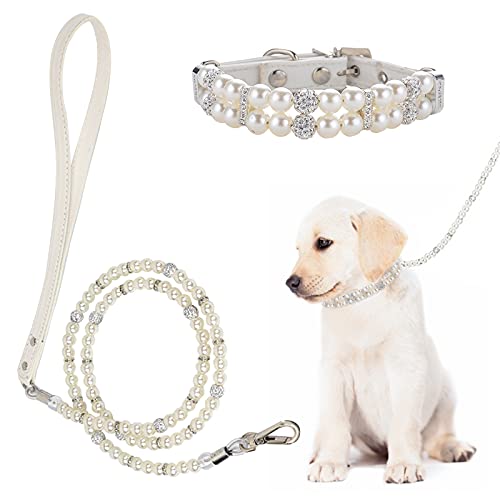 HACRAHO PEARL Hundeleine und Halsband, 2 Stück Hund Katze Perlenhalsband Leine Set Verstellbar Hund Leder Perlenhalsband mit Strass für Hunde Katzen Welpen von HACRAHO
