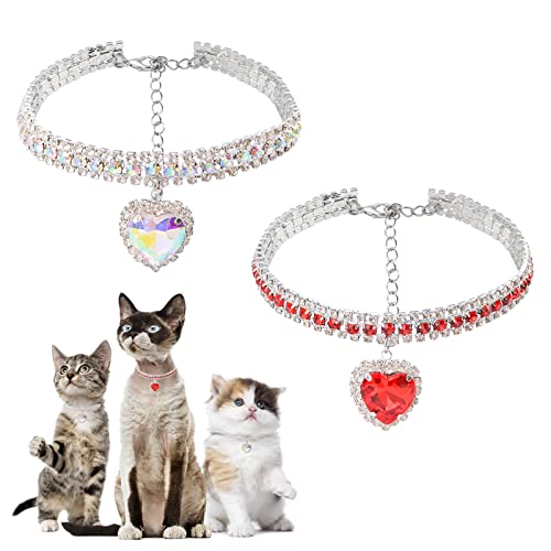 HACRAHO Strass-Hundehalsband, 2 Stück Katzen dreireihige Strass-Halskette mit Herz-Anhänger, verstellbares Kristall-Katzenhalsband für kleine Katzen und Hunde HACRAHO Strass-Hundehalsband, 2 Stück Katzen dreireihige Strass-Halskette mit Herz-Anhänger, verstellbares Kristall-Katzenhalsband für kleine Katzen und Hunde von HACRAHO
