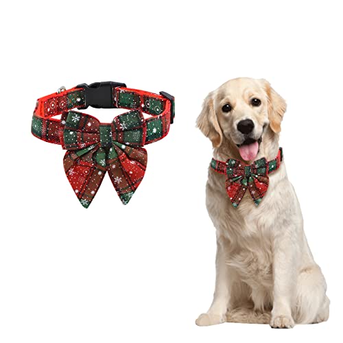 HACRAHO Weihnachten Hundehalsband mit Fliege, 1 Packung Verstellbar Klassisch Plaid Rot Grün Schneeflocke Hundehalsband Abnehmbare Fliege Weihnachten Hundehalsband für Kleine Mittlere Hunde Haustiere von HACRAHO