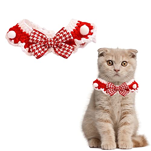 HACRAHO Weihnachtliches Haustier-Halsband, 1 Stück, für Katzen, Welpen, Weihnachten, Stricken, Wollhalsband mit karierter Fliege, Haustier-Party-Dekoration, weich, für Katze und Welpen, Rot und Weiß von HACRAHO