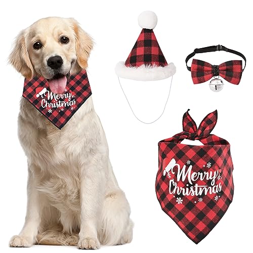 HACRAHO Weihnachts-Hunde-Bandana-Mütze-Fliege-Set, 3 Stück Frohe Weihnachten Hundedreieck Kopftuch Weihnachtsmütze Und Fliege Halsband Plaid Hundedreieck Gebote, Rot von HACRAHO