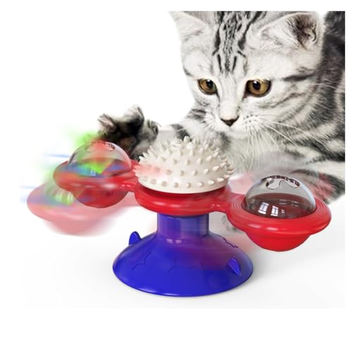 HADAVAKA Cat Turning Windmill Toy Turntable Funny Kitten Toys with Led Light Ball, 3 In 1 for Chew Exercise, Multifunctional Funny Cat Spinner, Wall Mounted Exercise with Suction Cup (Red) von HADAVAKA