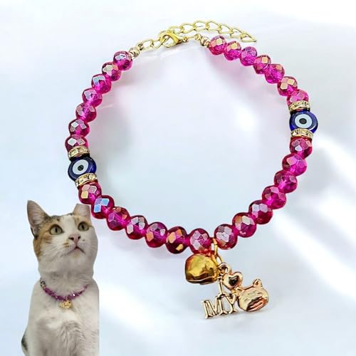 Katzenhalsband mit Glöckchen, böser Blick Perlen für Mädchen und Jungen Katzen, glänzende Kristallsteine, verstellbares Halsband für kleine und große Katzen, kleine Rassenhunde (Rosa) von HADESS