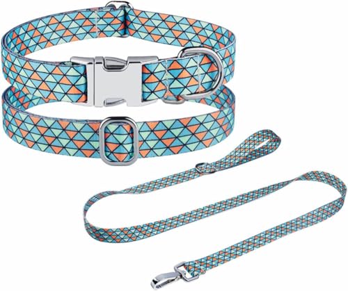 Die Komfort-Hundehalsbänder, klassisches Kariertes Hundehalsband und Leine-Set for weibliche Hundehalsbänder mit Verstellbarer Metallschnalle for Hochzeit, Urlaub, Geburtstagsparty(Blue Set,L) von HAFEISI