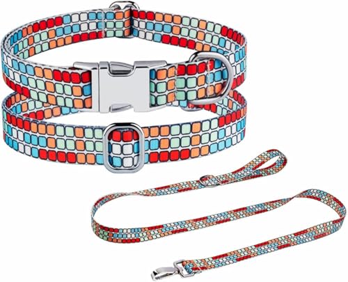 Die Komfort-Hundehalsbänder, klassisches Kariertes Hundehalsband und Leine-Set for weibliche Hundehalsbänder mit Verstellbarer Metallschnalle for Hochzeit, Urlaub, Geburtstagsparty(Blue2 Set,M) von HAFEISI