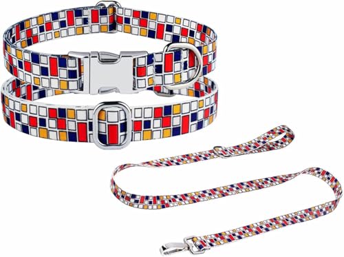 Die Komfort-Hundehalsbänder, klassisches Kariertes Hundehalsband und Leine-Set for weibliche Hundehalsbänder mit Verstellbarer Metallschnalle for Hochzeit, Urlaub, Geburtstagsparty(Red Set,L) von HAFEISI