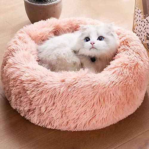 HAFEISI Kleines Haustierbett, Hundebett for kleine und mittelgroße Haustiere, Donut-Kuschelbett aus Kunstfell, selbstwärmendes Kätzchensofa, weiches Welpenkissen for besseren Schlaf,(Pink,100cm) von HAFEISI