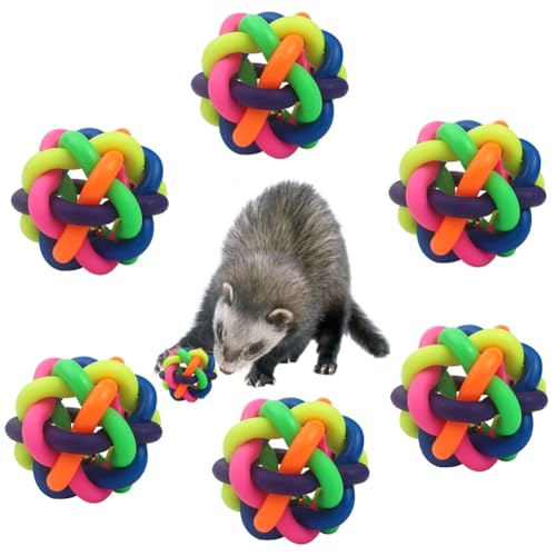 HAICHEN TEC 6 Stück Frettchen-Spielzeug-Bälle, bunt, federnde Gummibälle mit integrierter Glocke, Katzenzähne, interaktives Geräuschspielzeug, Übung, Kratz- und Kauspielzeug für kleine Haustiere von HAICHEN TEC