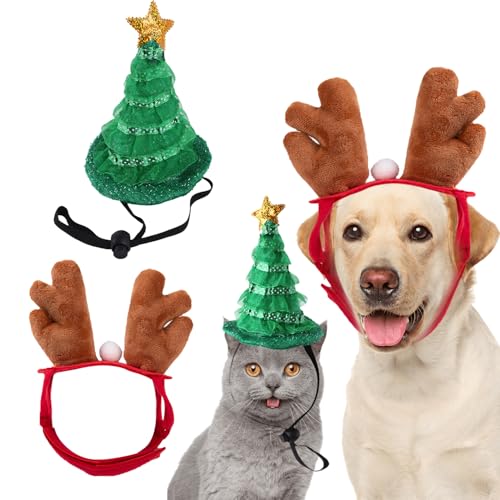 HAICN 2-teiliges Haustier-Weihnachts-Stirnband, Geweih-Stirnband und Weihnachtsbaum-Stirnband, Party-Kopfschmuck, Zubehör, Geschenk für kleine Katzen, Welpen von HAICN