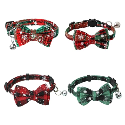 HAICN 4 x Weihnachts-Halsbänder für Haustiere, verstellbare Fliege mit Glöckchen, abnehmbar, niedliche Fliege für Kätzchen, Katzen und kleine Hunde von HAICN