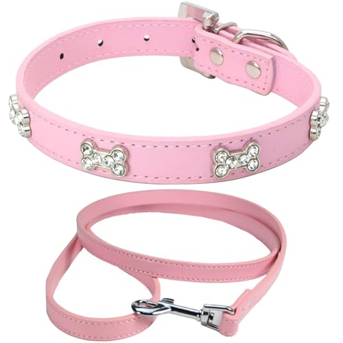 HALFSUMO Halsband und Leine Set Hundehalsband Leder Hundehalsbänder Verstellbares Welpenhalsband für Kleine Mittelgroße Hunde Rosa S von HALFSUMO