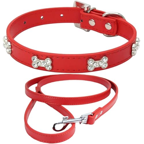 HALFSUMO Halsband und Leine Set Hundehalsband Leder Hundehalsbänder Verstellbares Welpenhalsband für Kleine Mittelgroße Hunde Rot M von HALFSUMO
