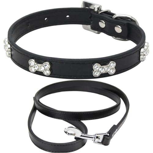HALFSUMO Halsband und Leine Set Hundehalsband Leder Hundehalsbänder Verstellbares Welpenhalsband für Kleine Mittelgroße Hunde Schwarz M von HALFSUMO