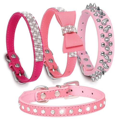 HALFSUMO 4 Stück Hundehalsband Stachel Nieten Leder Hundehalsband Strass Hund Katzenhalsband Bling Diamant mit Strass Schleife Dekoration für Mädchen Hunde Katzen Rosa XS HALFSUMO 4 Stück Hundehalsband Stachel Nieten Leder Hundehalsband Strass Hund Katzenhalsband Bling Diamant mit Strass Schleife Dekoration für Mädchen Hunde Katzen Rosa XS von HALFSUMO