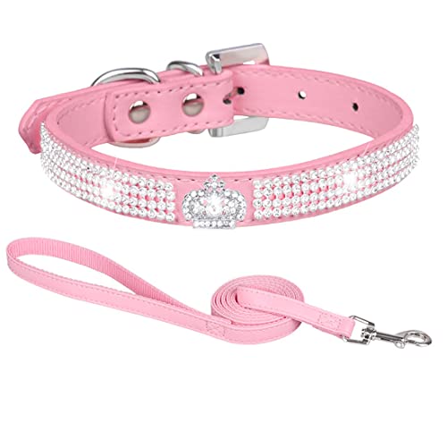 HALFSUMO Hundehalsband Leder Halsband Hund Lederhalsband Hund Funkelnd Hundehalsbänder mit Strasssteinen Besetzt für Haustiere Welpen Katzen Kombi-Set mit Leine Rosa L C008 von HALFSUMO