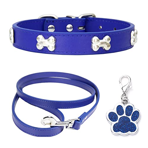 HALFSUMO Hundehalsband Leder Halsband Hundeleine Combo Set Hundehalsbänder Verstellbares Welpenhalsband für Kleine Mittelgroße Hunde Katzen Blau M von HALFSUMO