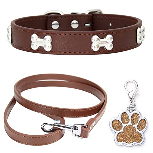 HALFSUMO Hundehalsband Leder Halsband Hundeleine Combo Set Hundehalsbänder Verstellbares Welpenhalsband für Kleine Mittelgroße Hunde Katzen Braun L von HALFSUMO