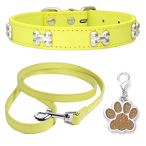 HALFSUMO Hundehalsband Leder Halsband Hundeleine Combo Set Hundehalsbänder Verstellbares Welpenhalsband für Kleine Mittelgroße Hunde Katzen Gelb M von HALFSUMO