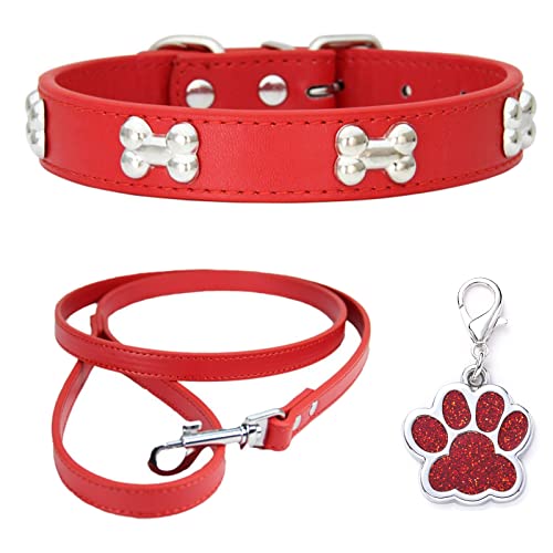 HALFSUMO Hundehalsband Leder Halsband Hundeleine Combo Set Hundehalsbänder Verstellbares Welpenhalsband für Kleine Mittelgroße Hunde Katzen Rot M von HALFSUMO