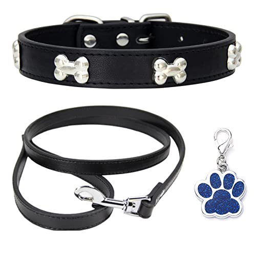 HALFSUMO Hundehalsband Leder Halsband Hundeleine Combo Set Hundehalsbänder Verstellbares Welpenhalsband für Kleine Mittelgroße Hunde Katzen Schwarz S von HALFSUMO