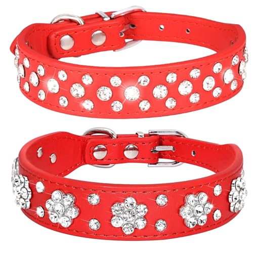 HALFSUMO 2 Stück Leder Hundehalsband Strass Hund Katzenhalsband Bling Diamant mit Strass Blüten Dekoration Haustier Hund Katze Welpenhalsband Rot XS von HALFSUMO
