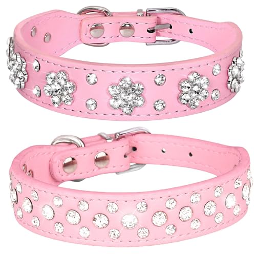 HALFSUMO 2 Stück Leder Hundehalsband Strass Hund Katzenhalsband Bling Diamant mit Strass Blüten Dekoration Haustier Hund Katze Welpenhalsband Rosa S HALFSUMO 2 Stück Leder Hundehalsband Strass Hund Katzenhalsband Bling Diamant mit Strass Blüten Dekoration Haustier Hund Katze Welpenhalsband Rosa S von HALFSUMO