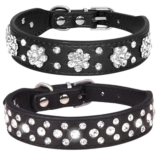 HALFSUMO 2 Stück Leder Hundehalsband Strass Hund Katzenhalsband Bling Diamant mit Strass Blüten Dekoration Haustier Hund Katze Welpenhalsband Schwarz S HALFSUMO 2 Stück Leder Hundehalsband Strass Hund Katzenhalsband Bling Diamant mit Strass Blüten Dekoration Haustier Hund Katze Welpenhalsband Schwarz S von HALFSUMO