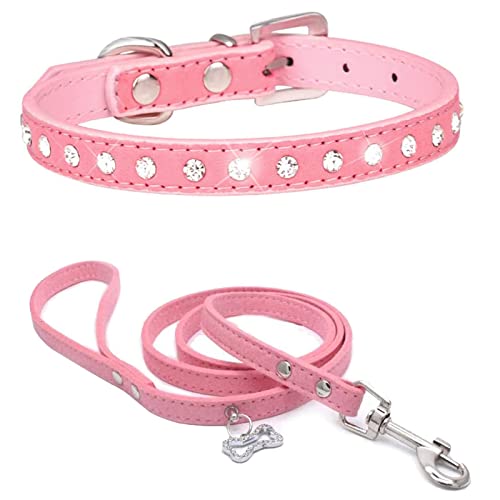 HALFSUMO Hundehalsband aus weichem Wildleder Funkelnd Hundehalsbänder mit Strasssteinen Besetzt für Haustiere Welpen Katzen Hunde Kombi-Set mit Leine Rosa,XS CP077 von HALFSUMO