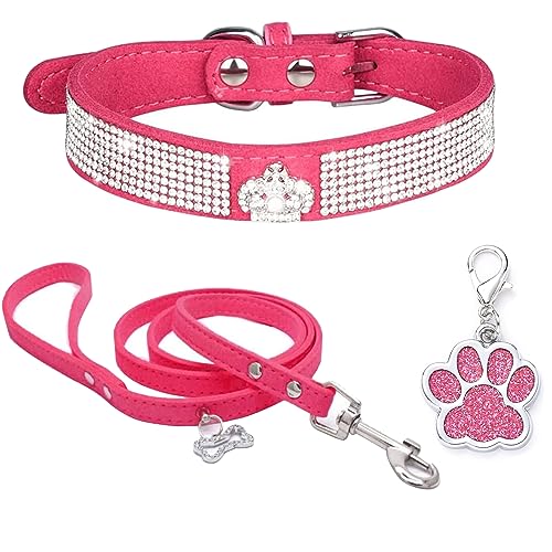 HALFSUMO Strass Hundehalsband Weicher Samt Leder Halsband Hundeleine Combo Set Niedliche Luxus Diamantbesetzt Bling Verstellbares Welpenhalsband für Kleine Mittelgroße Hunde Katzen Rose Rot XS von HALFSUMO