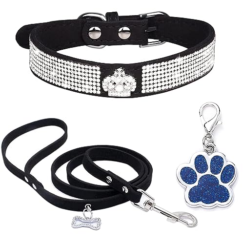 HALFSUMO Strass Hundehalsband Weicher Samt Leder Halsband Hundeleine Combo Set Niedliche Luxus Diamantbesetzt Bling Verstellbares Welpenhalsband für Kleine Mittelgroße Hunde Katzen Schwarz M von HALFSUMO