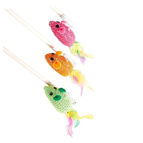 HANABASS 3 Stück Interaktives Katzenspielzeug Holzstab mit Rattenform Katzenangel für Kitten Training Langlebiges Pet Supplies Zufällige Farbe Fördert Aktivität und Zufällige Farbe von HANABASS