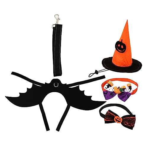HANABASS Professionelles Haustier Kostüm Teiliges Set mit Schwarzem Fledermausflügel Hundemantel Lustigem Hut Zwei Schleifen und Leine Halloween Kleidung für Hunde und Katzen Verstellbar von HANABASS