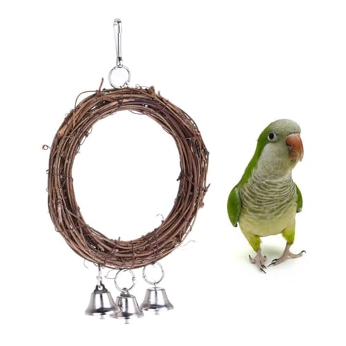 HANABASS Rattan Vogel Schaukel Ring mit Metallverschluss Parrot Swing mit Glocken Stehender Papagei Kletterring für Käfige Wellensittiche und Kleine Vögel Vogelspielplatz Zufällige Farbe von HANABASS
