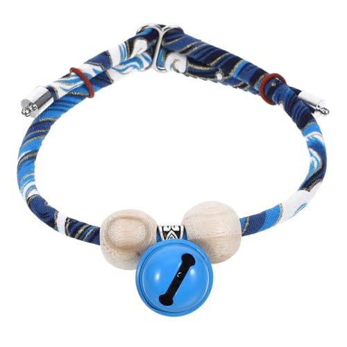 HANABASS Verstellbares Katzenhalsband Mit Glocke Weichem Baumwollmaterial Handgefertigte Holzperlen Katzenhalskette Für Kätzchen Und Kleine Katzen Blaues Glöckchen von HANABASS