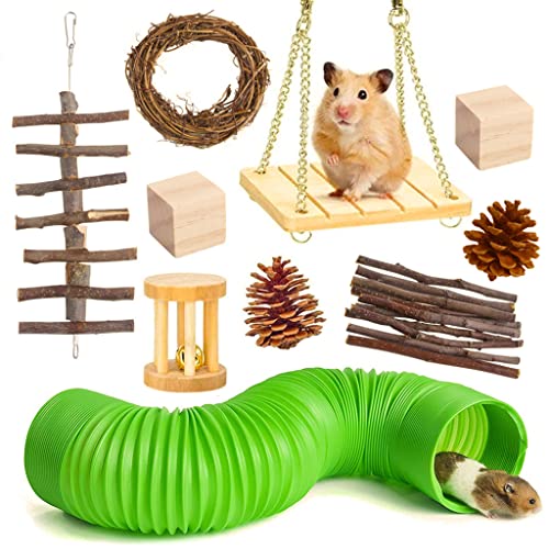 HANBOLI Hantel, 9/10/11/15 Pack Kauspielzeug für Kleintiere Zähne sauber Holzschaukel Zweige Kunststoffrohr für Kaninchen Hamster Rennmäuse 9# von HANBOLI