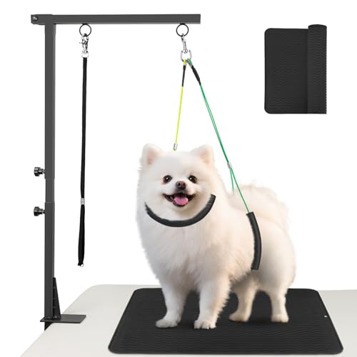 Fellpflegearm für Hunde mit Klemme, 97,8 cm, verstellbarer Haustier-Pflegetischarm mit rutschfester Mattenauflage, faltbarer Hundepflegeständer mit Schlinge und No-Sit-Haunch-Halter für kleine von HANDSOME MONKEY KING